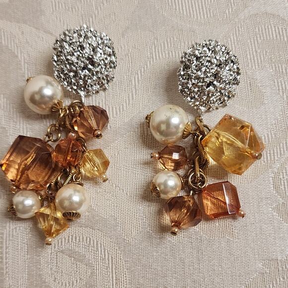VINTAGE 70s STATEMENT CRYSTAL CLUSTER EARRINGS GOLD PEARL GLAM HOLLYWOOD - Picture 2 of 10